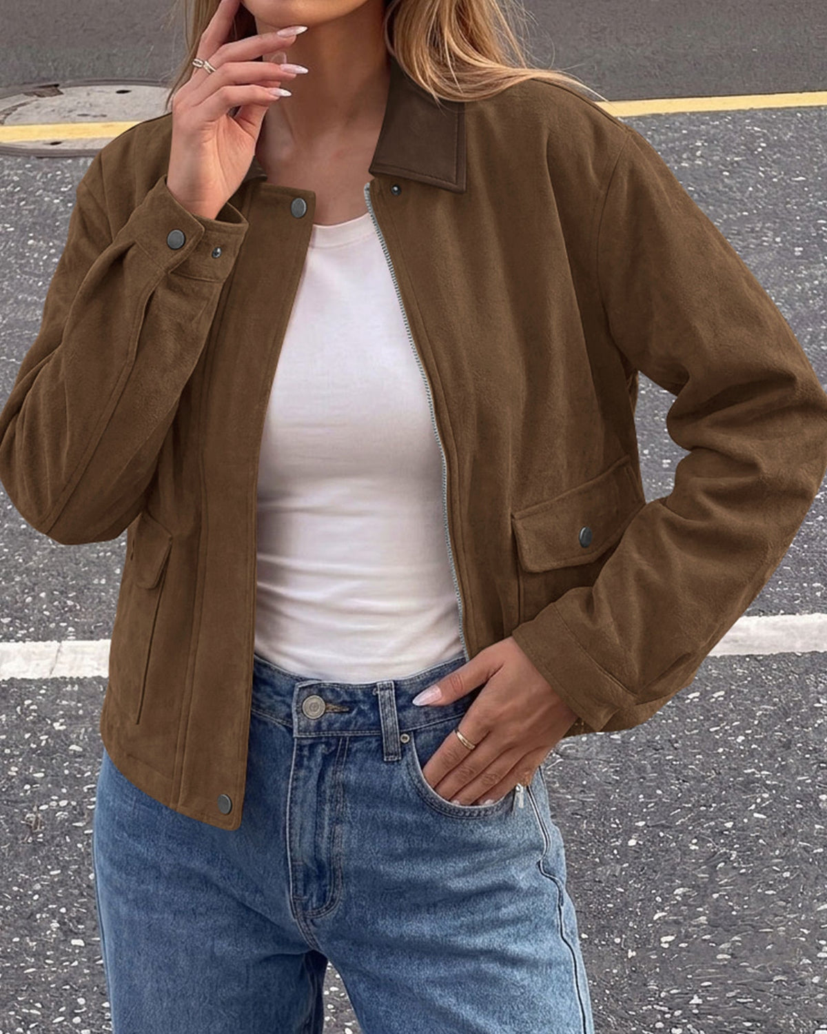 Women's Faux Suede Zip-Up Jacket with Lapel Collar
