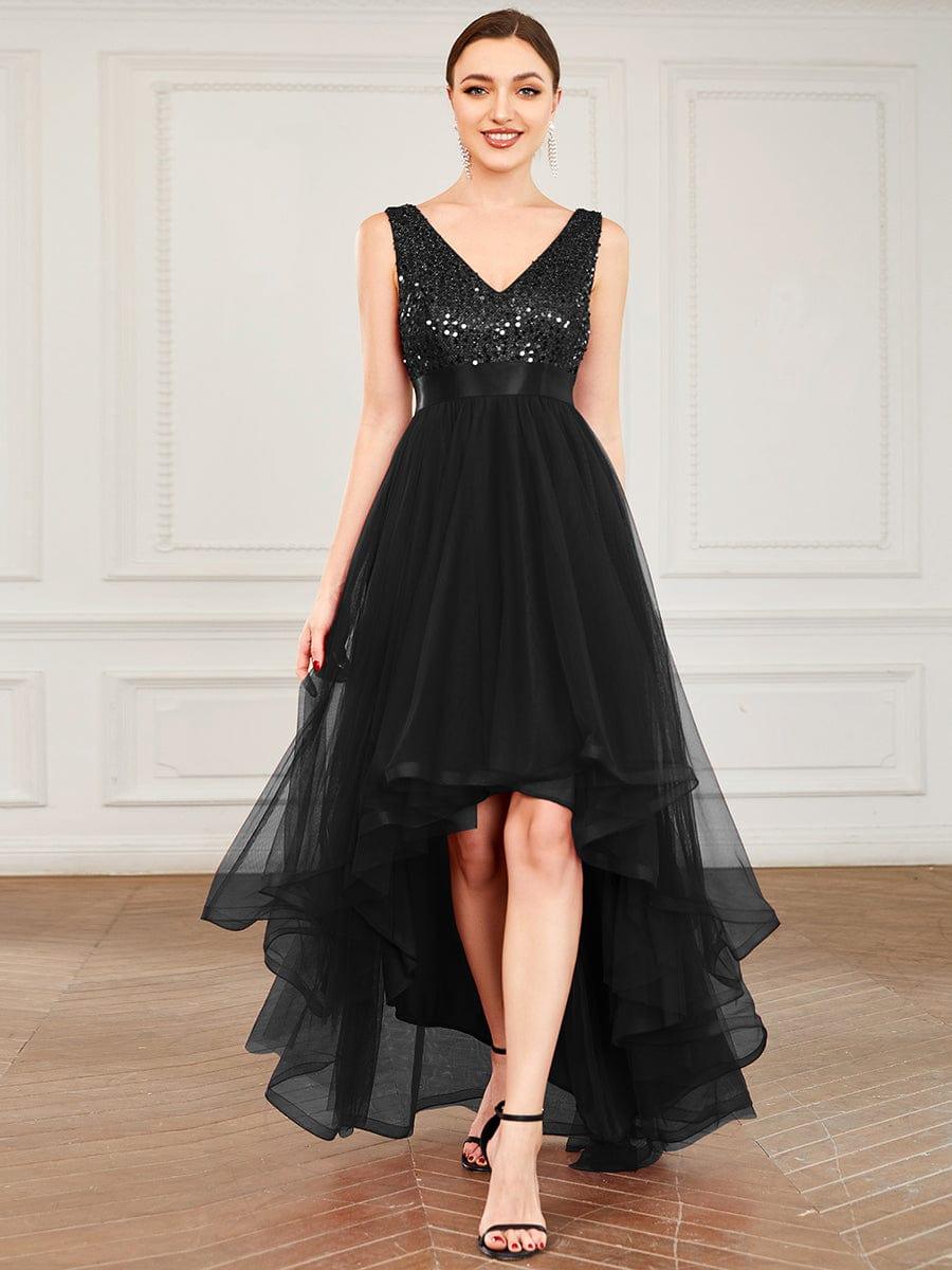 Women's Sequin Tulle High-Low Fitted-Bodice Evening Dress – Black