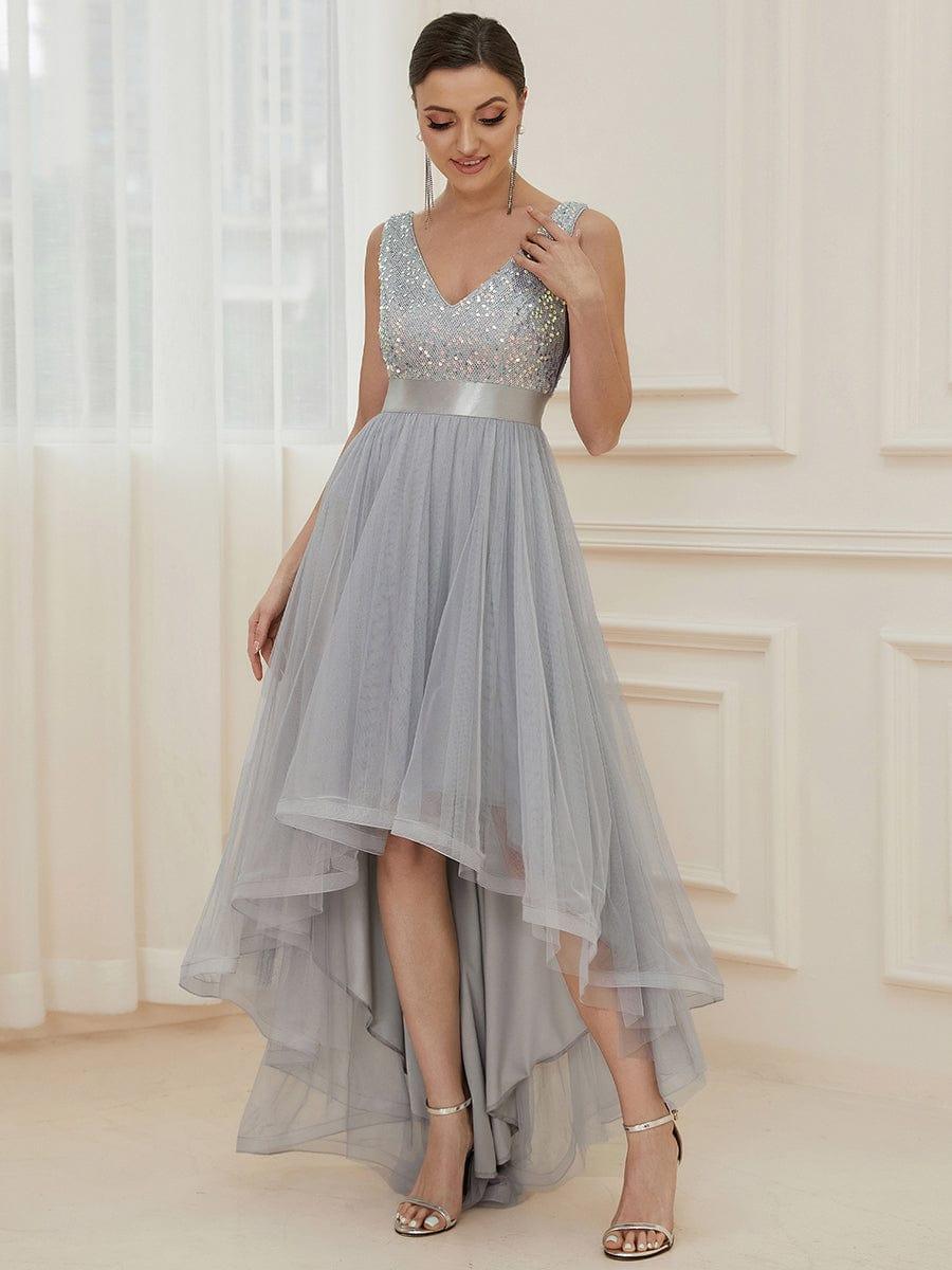 Women's Sequin Tulle High-Low Fitted-Bodice Evening Dress – Silver