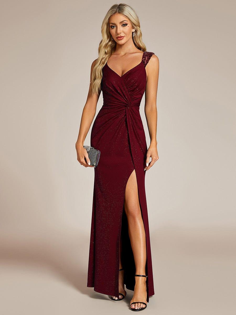 Women's Sequin V-Neck Side-Slit Glitter Evening Dress – Burgundy