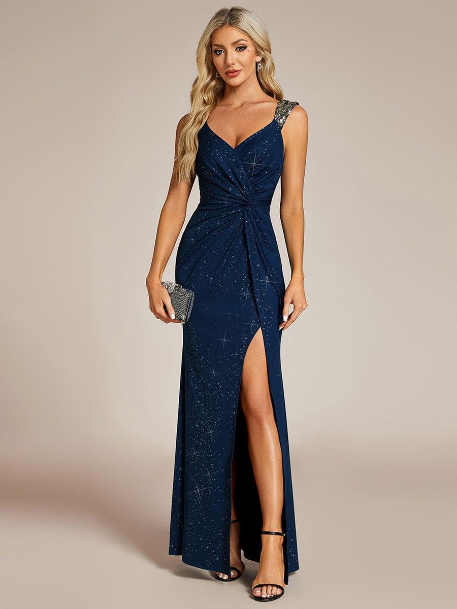 Women's Sequin V-Neck Side-Slit Glitter Evening Dress – Navy Blue
