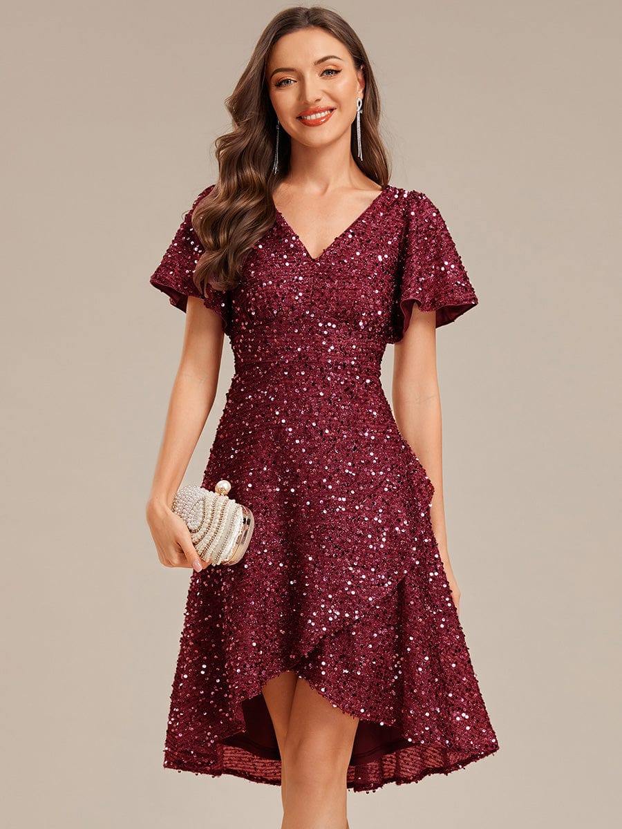 Women's Formal Sequin Ruffled Party Dress – V-Neck, High-Low