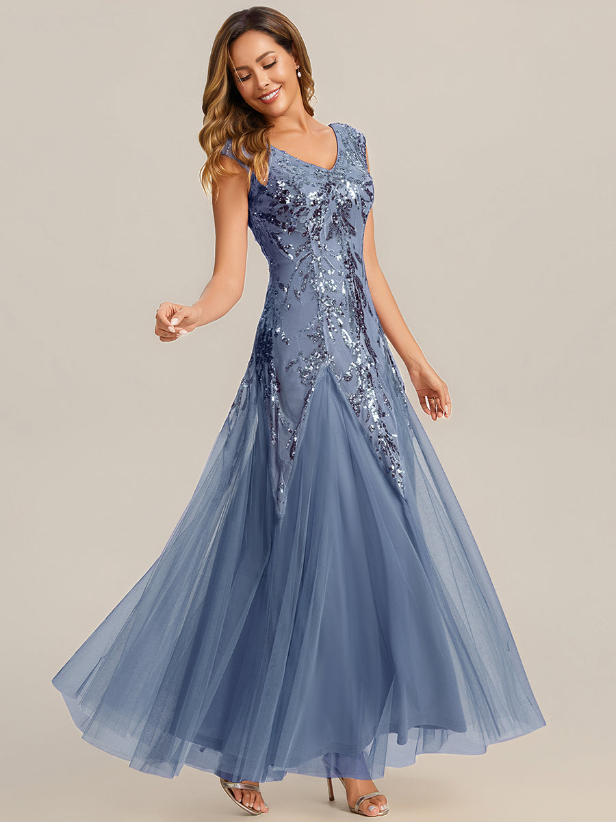 Women's Sequin Cap Sleeve Embroidered Stretch Evening Dress – Dusty Blue