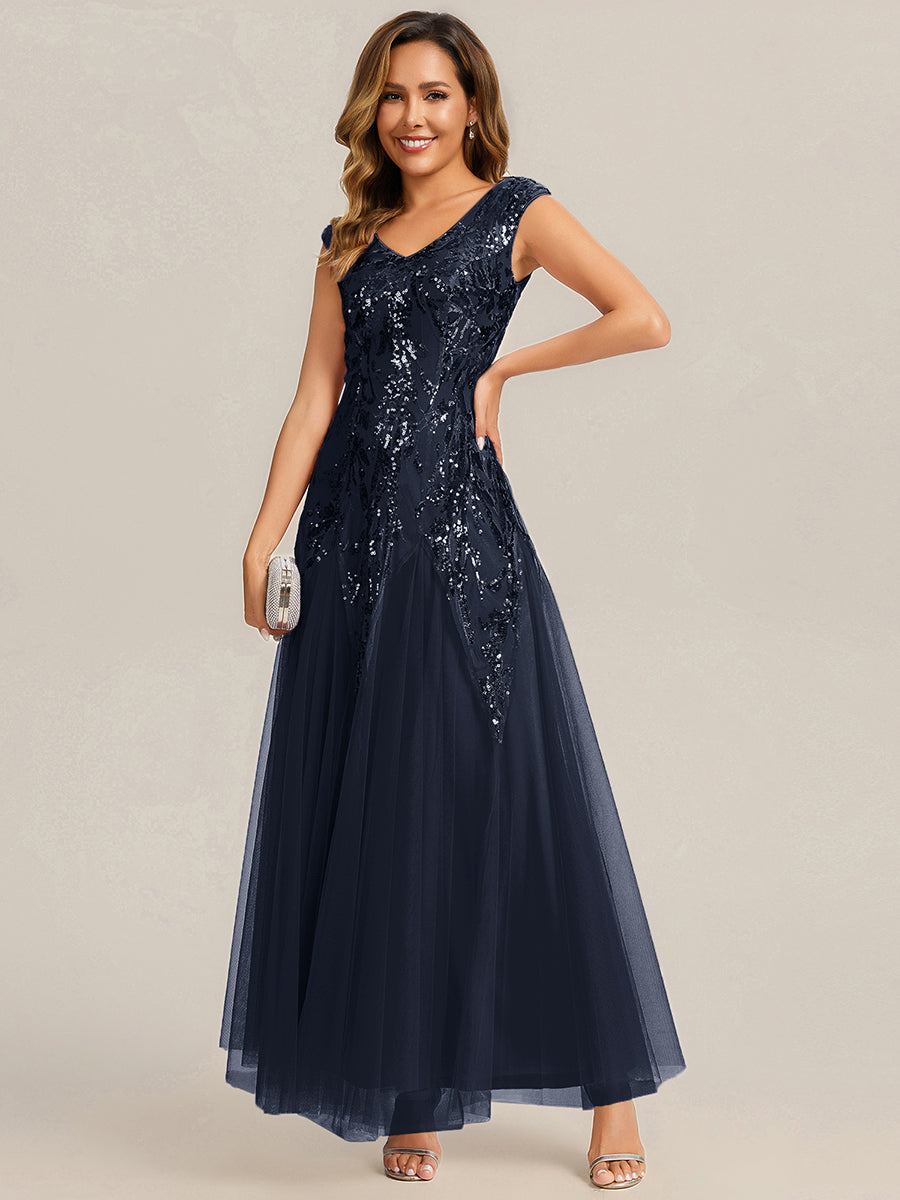 Women's Sequin Cap Sleeve Embroidered Stretch Evening Dress – Navy Blue