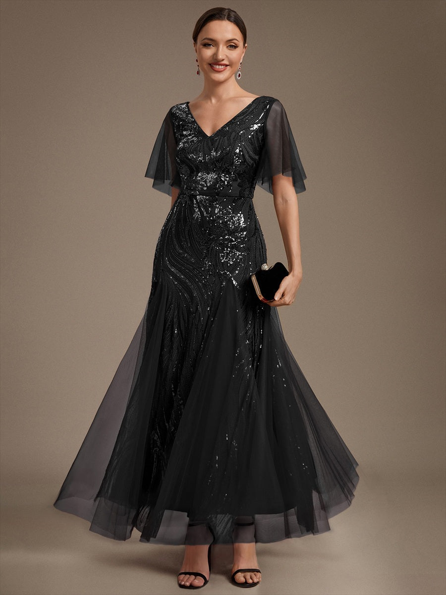 Women's Sequin Ruffled Ruffle Sleeve Tulle Maxi Dress – Black