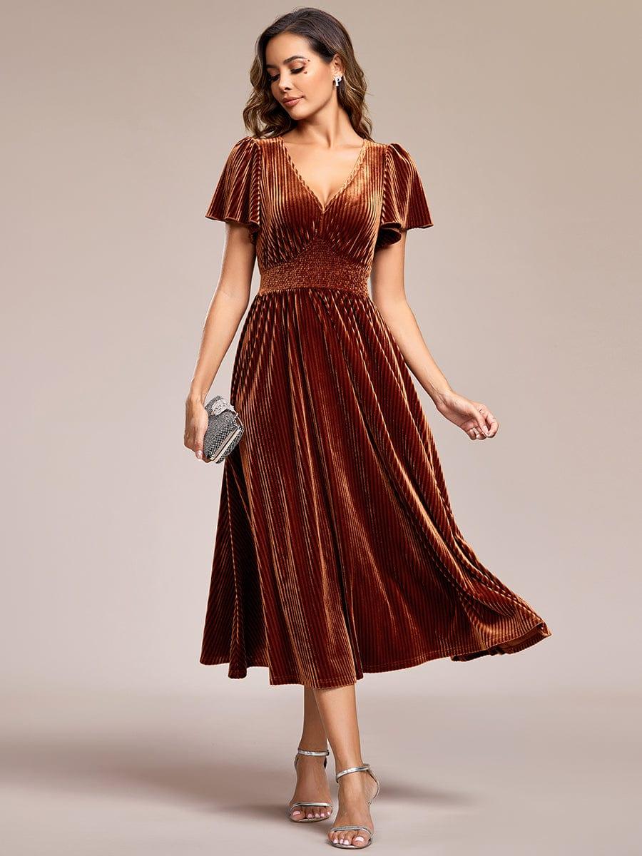 Women's Velvet Short Sleeve Defined-Waist V-Neck Midi Dress – Caramel