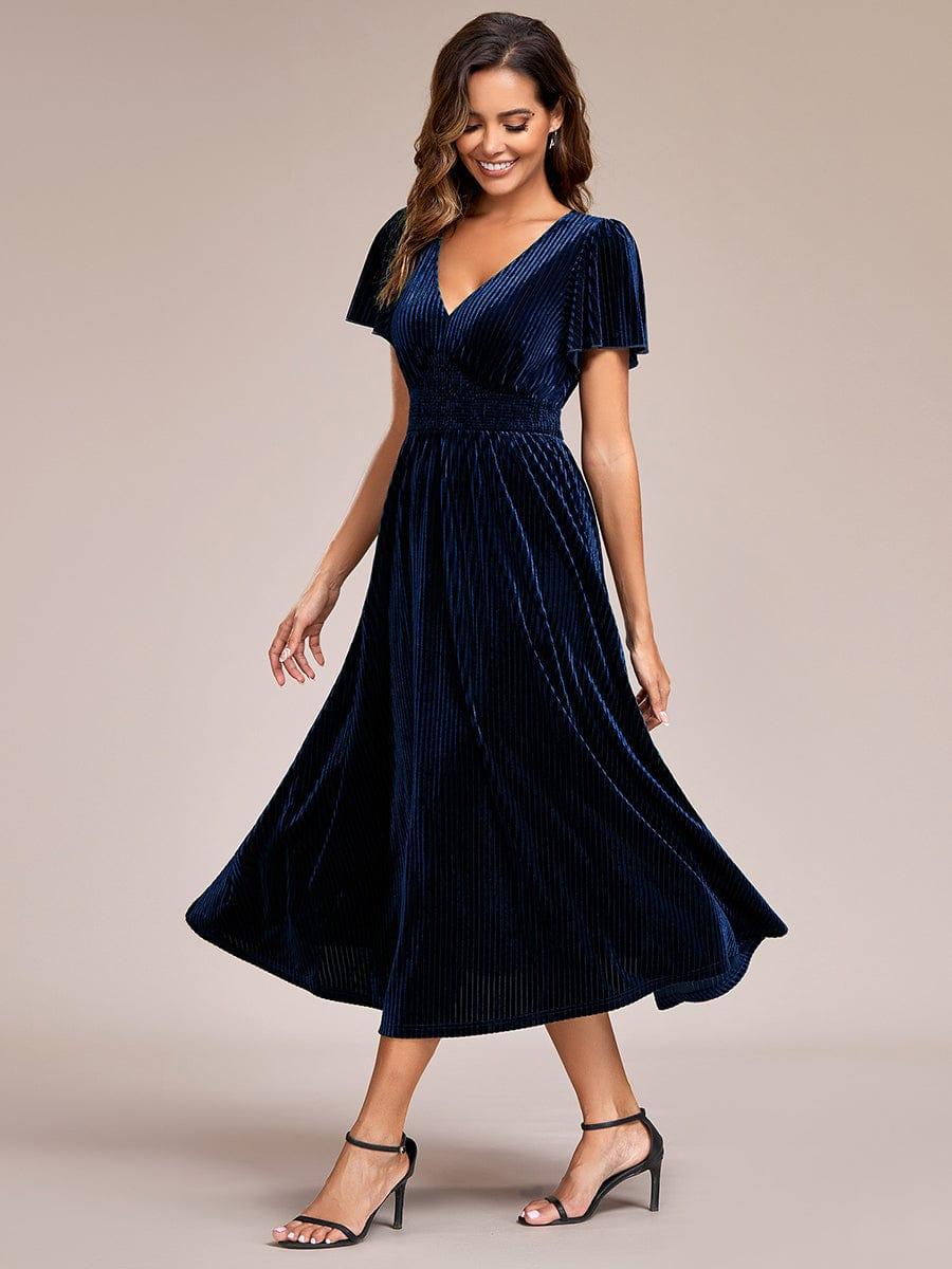 Women's Velvet Short Sleeve Defined-Waist V-Neck Midi Dress – Navy Blue