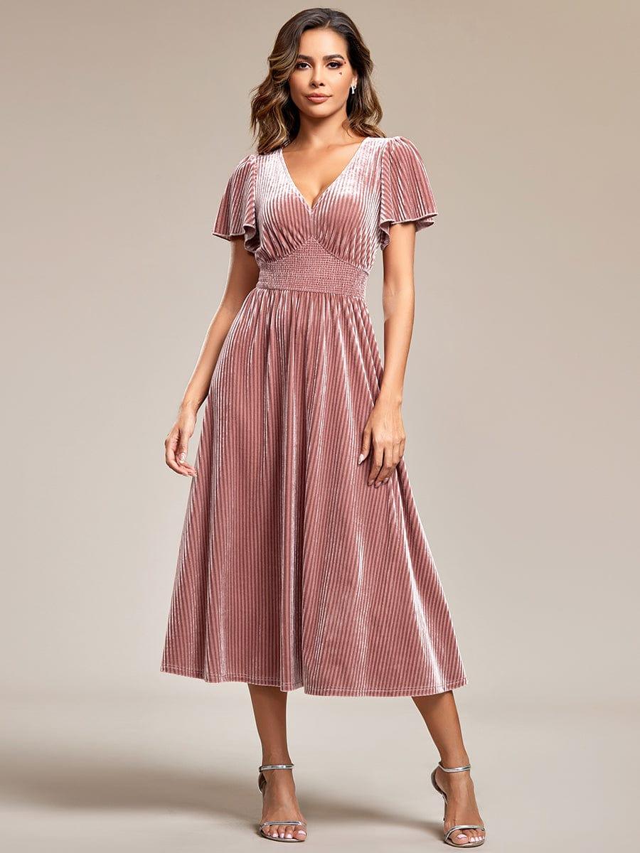 Women's Velvet Short Sleeve Defined-Waist V-Neck Midi Dress – Purple Orchid