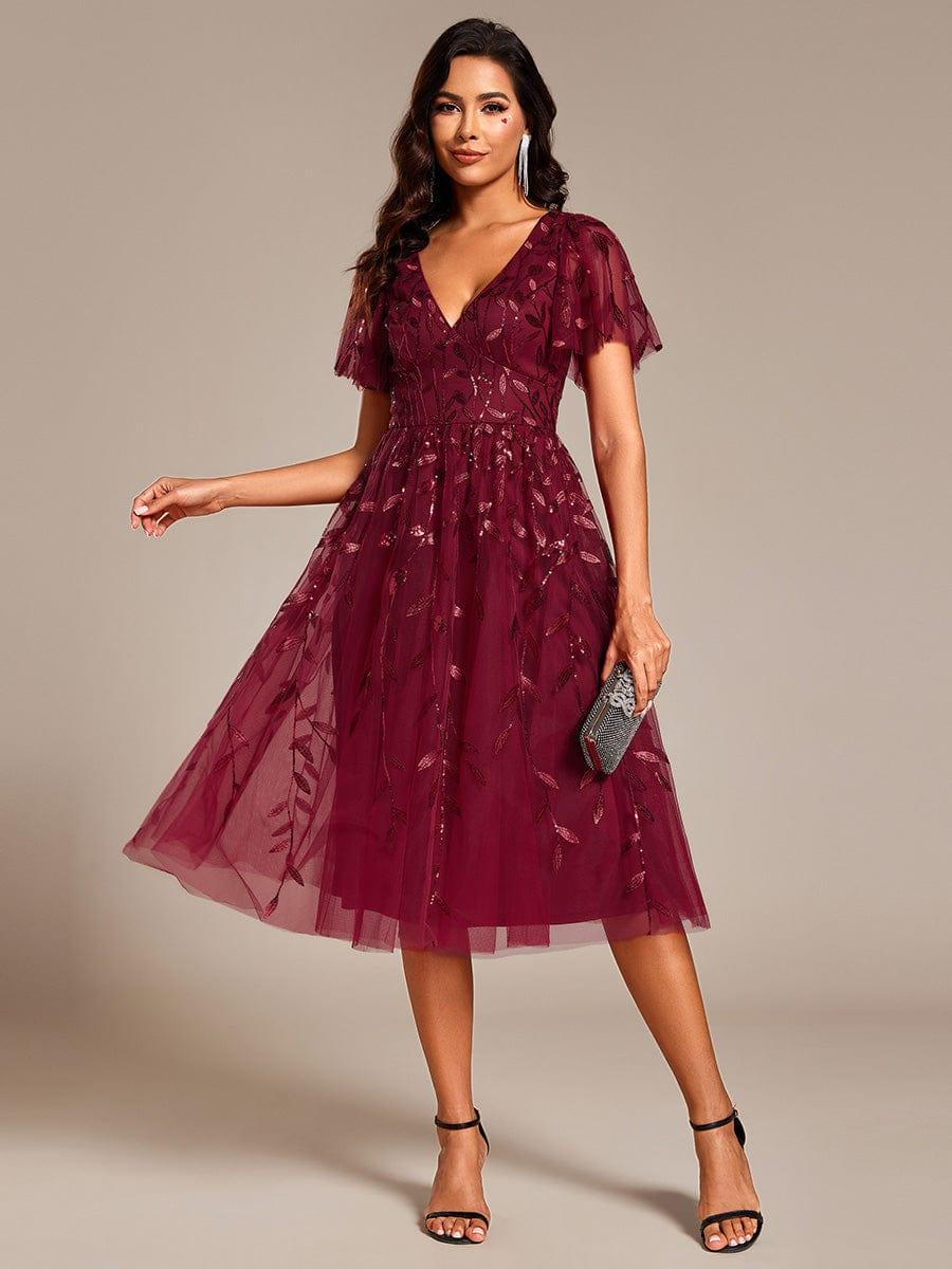 Women's Sequin Formal Leaf-Motif Midi Dress – Burgundy