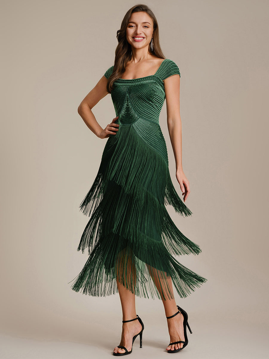 Women's Sequin Sleeveless Fringe Midi Dress – Dark Green