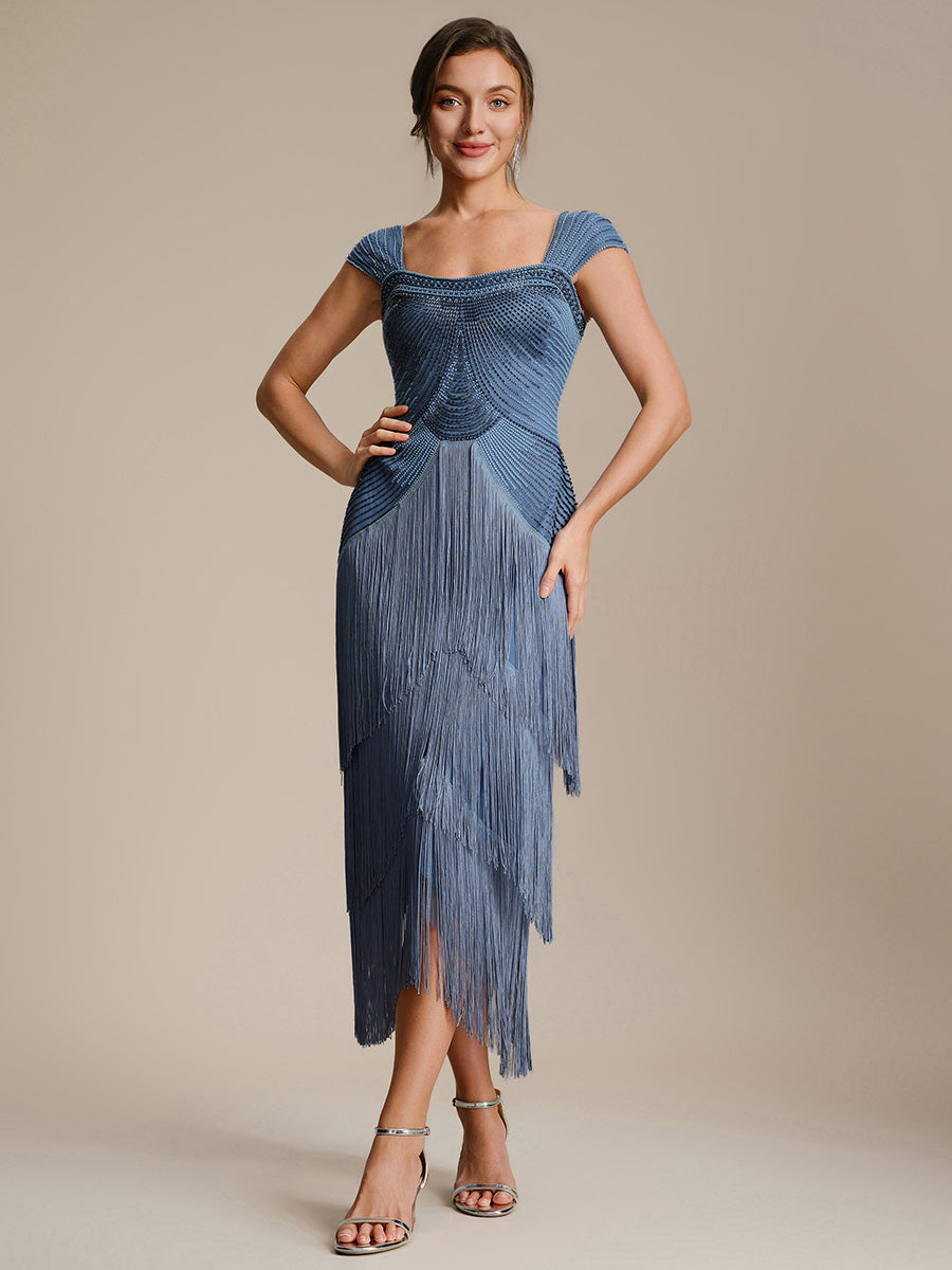 Women's Sequin Sleeveless Fringe Midi Dress – Dusty Blue