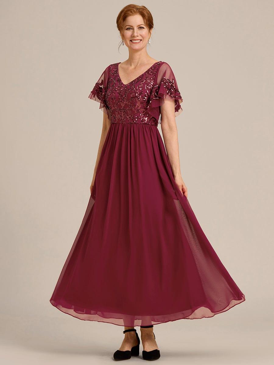 Women's Sequin V-Neck Short Sleeve A-Line Mini Dress – Burgundy