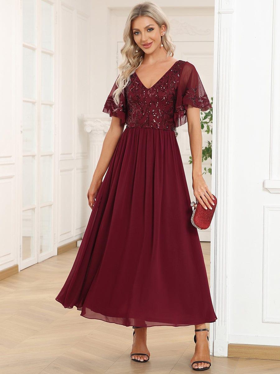 Women's Sequin V-Neck Short Sleeve A-Line Midi Dress – Burgundy