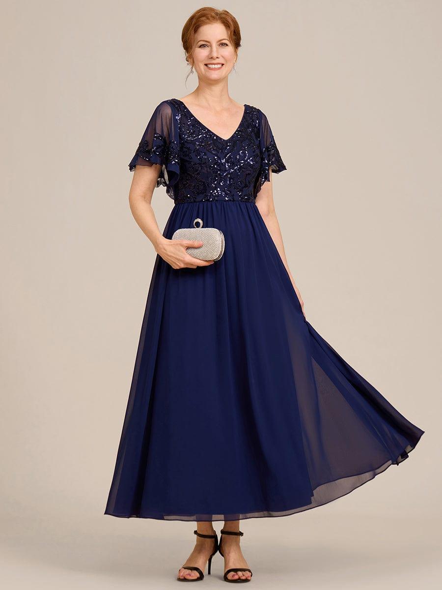 Women's Sequin V-Neck Short Sleeve A-Line Mini Dress – Navy Blue