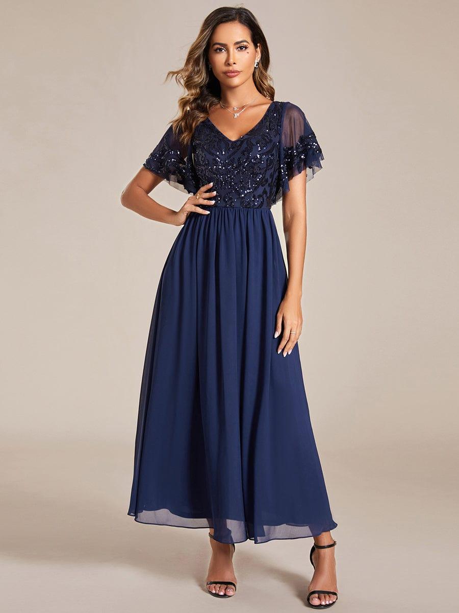 Women's Sequin V-Neck Midi Party Dress – A-Line, Short Sleeve