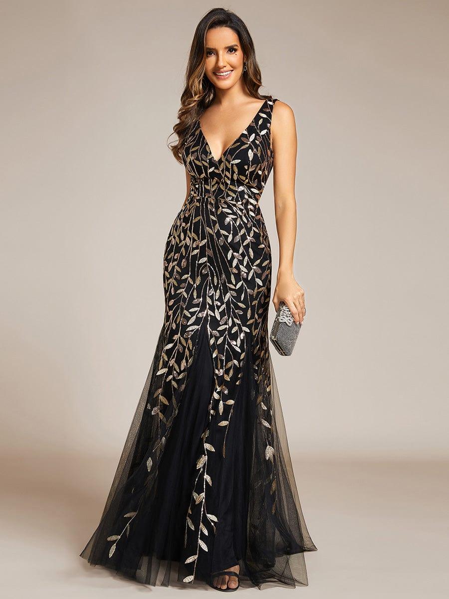 Women's Sequin V-Neck Fishtail Evening Dress – Black & Gold
