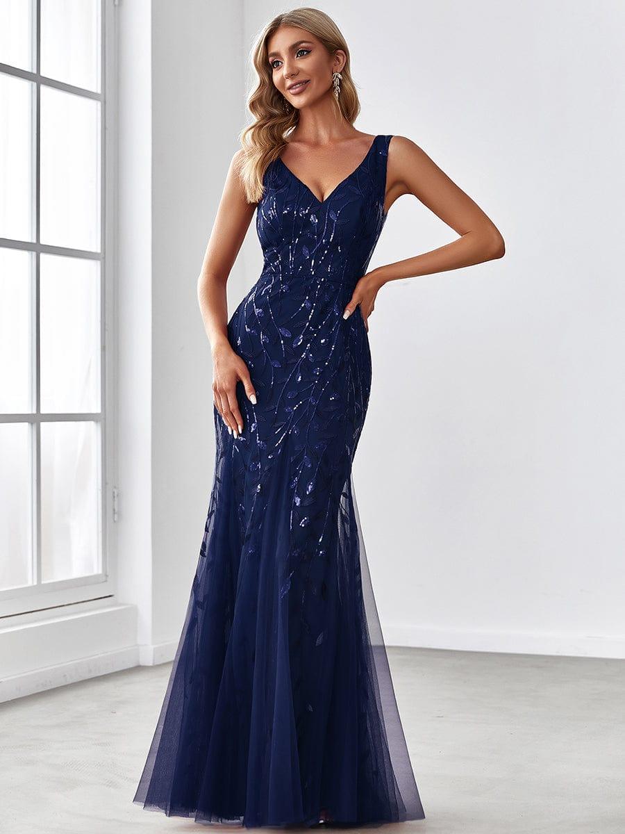 Women's Sequin V-Neck Fishtail Evening Dress – Navy Blue