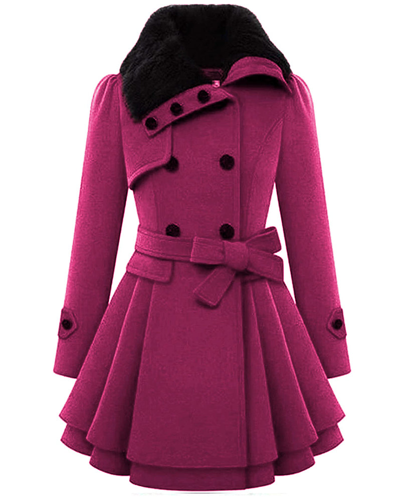 Women's Faux Fur Double-Breasted Lapel Coat – Rose Red