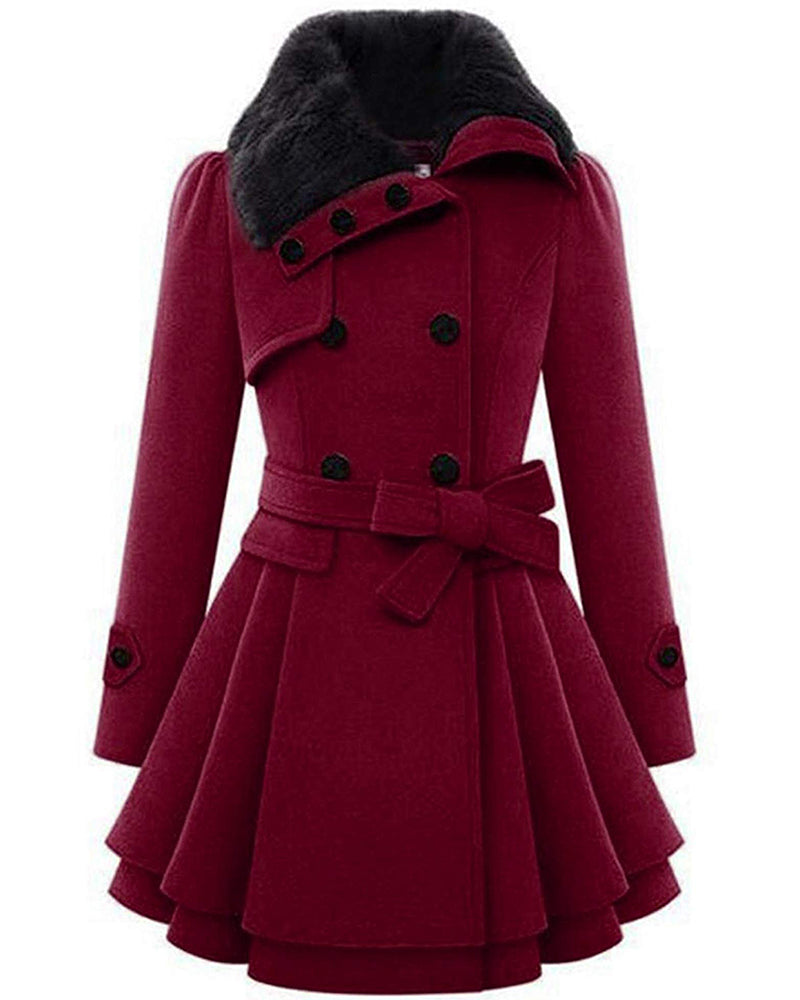 Women's Faux Fur Double-Breasted Lapel Coat – Wine Red