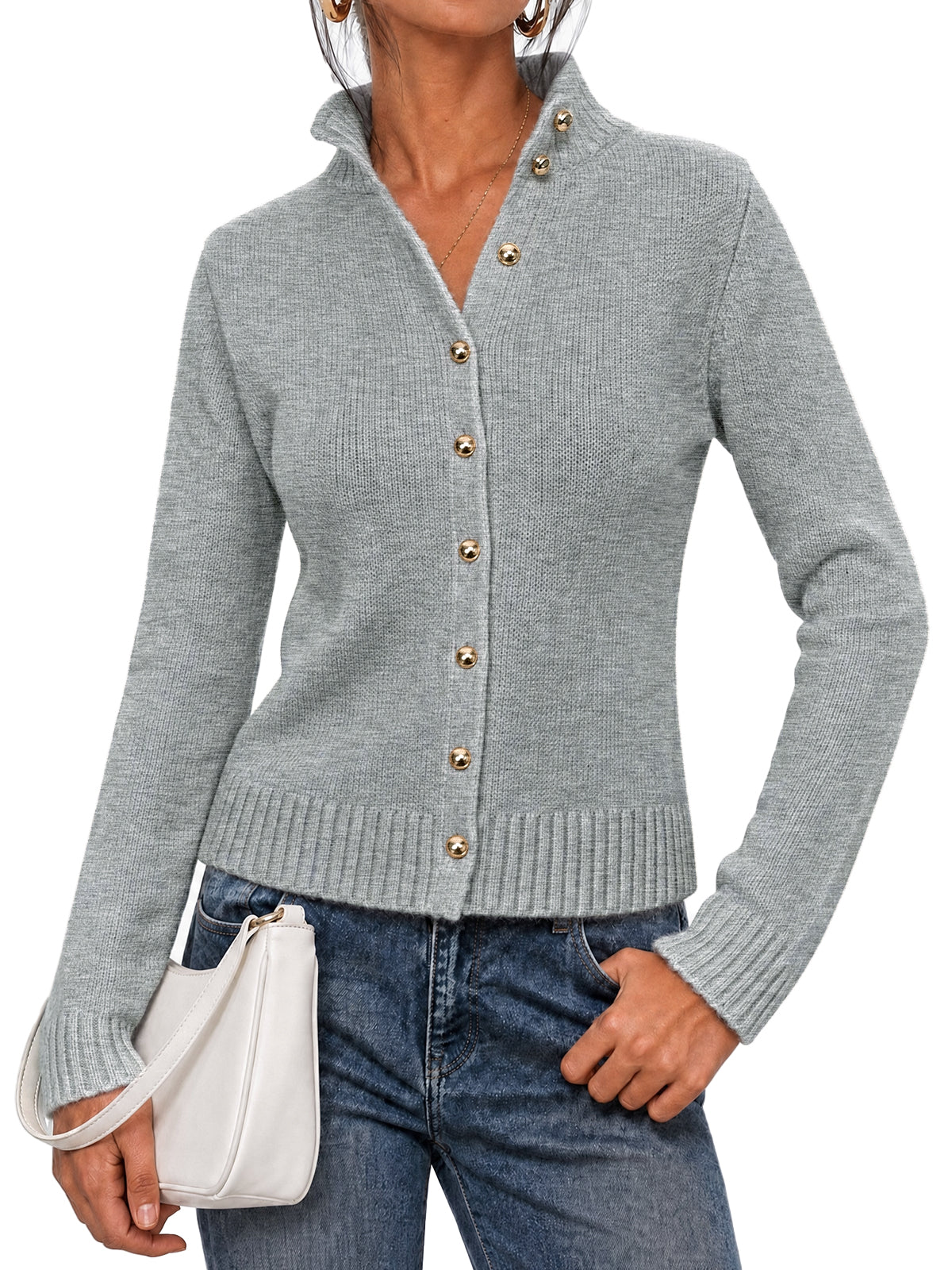 Women's Knit Stand Collar Cardigan – Gray