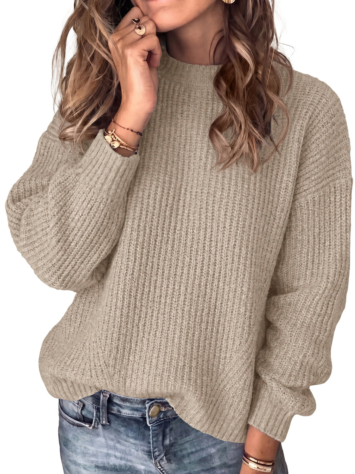 Women's Chunky Knit Crew Neck Relaxed-Fit Casual Sweater – Gray Khaki