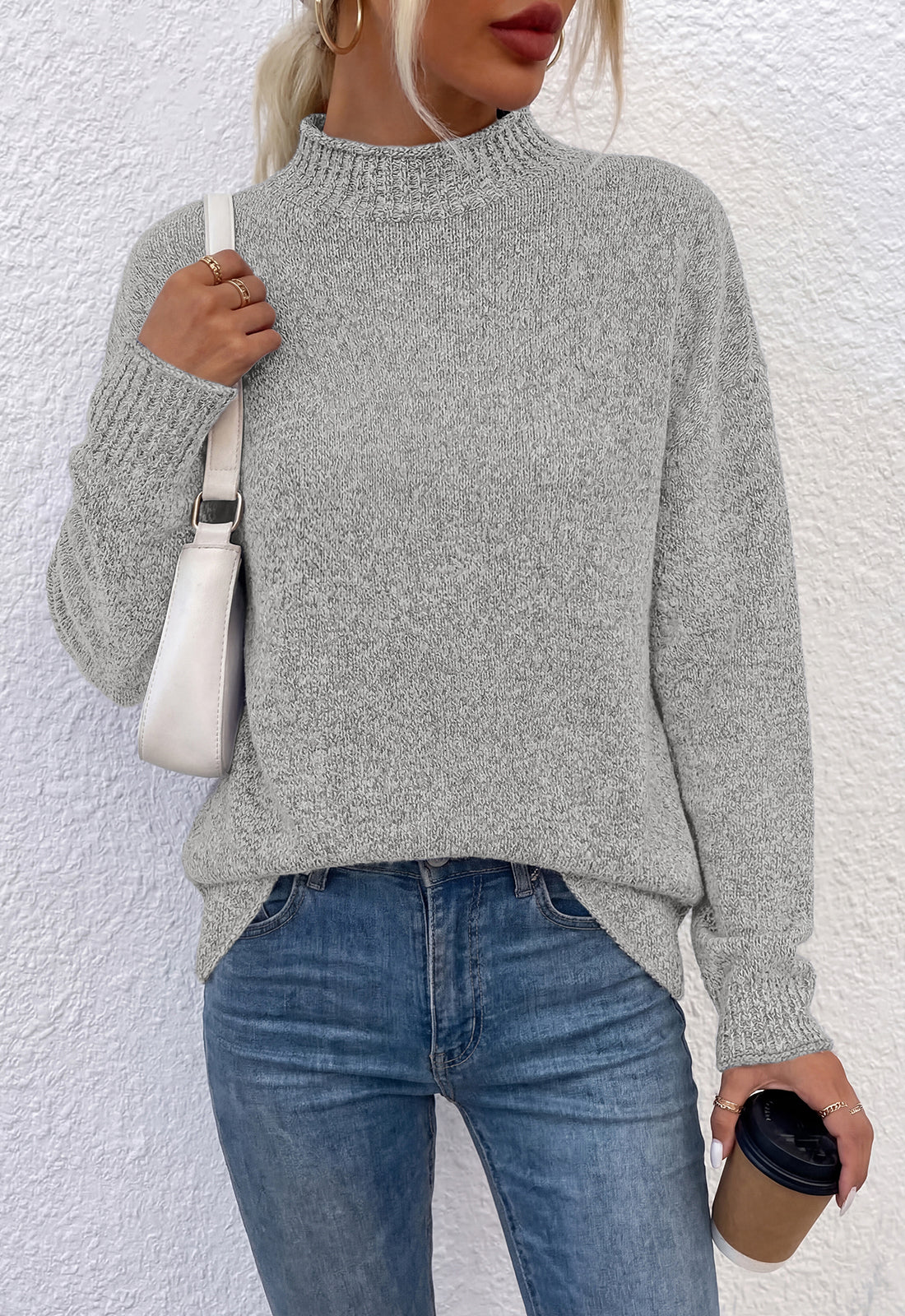 Women's Ribbed Knit Mock Neck Relaxed-Fit Casual Sweater – Gray