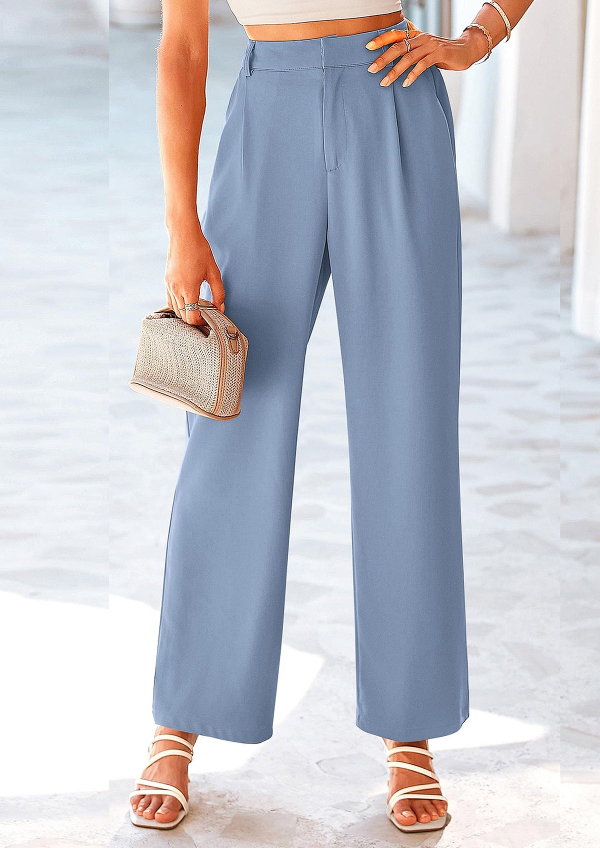 Women's Wide-Leg Work Pants – Gray Blue, Beige, Black, Blue