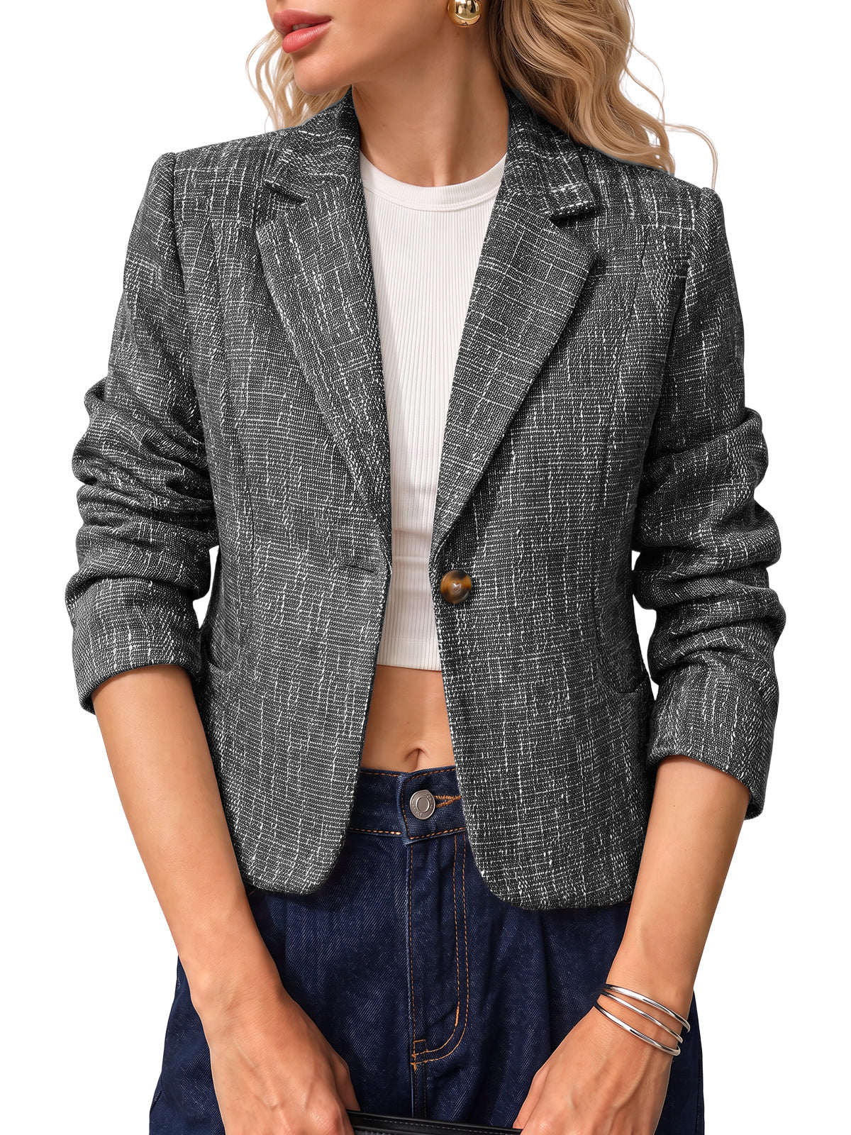 Women's Cropped Collared Blazer – Black & White