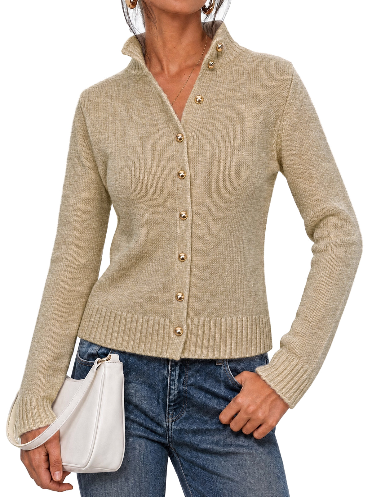 Women's Knit Stand Collar Cardigan – Khaki