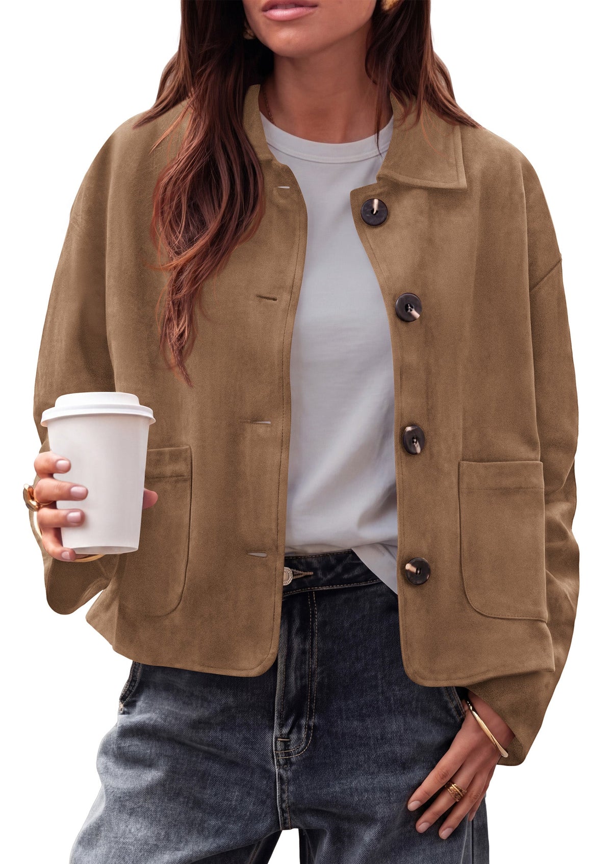 Women's Faux Suede Cropped Button-Front Pocketed Jacket – Khaki
