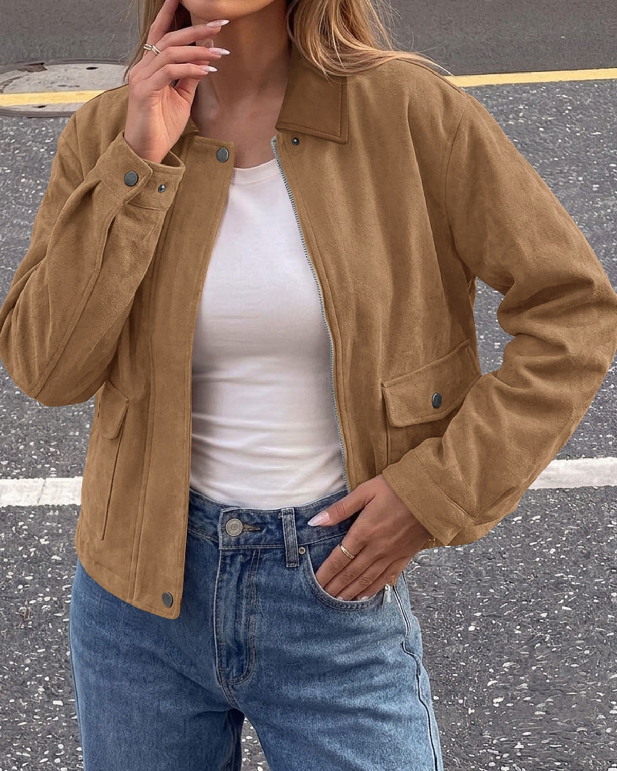 Women's Faux Suede Zip-Up Lapel Jacket – Khaki