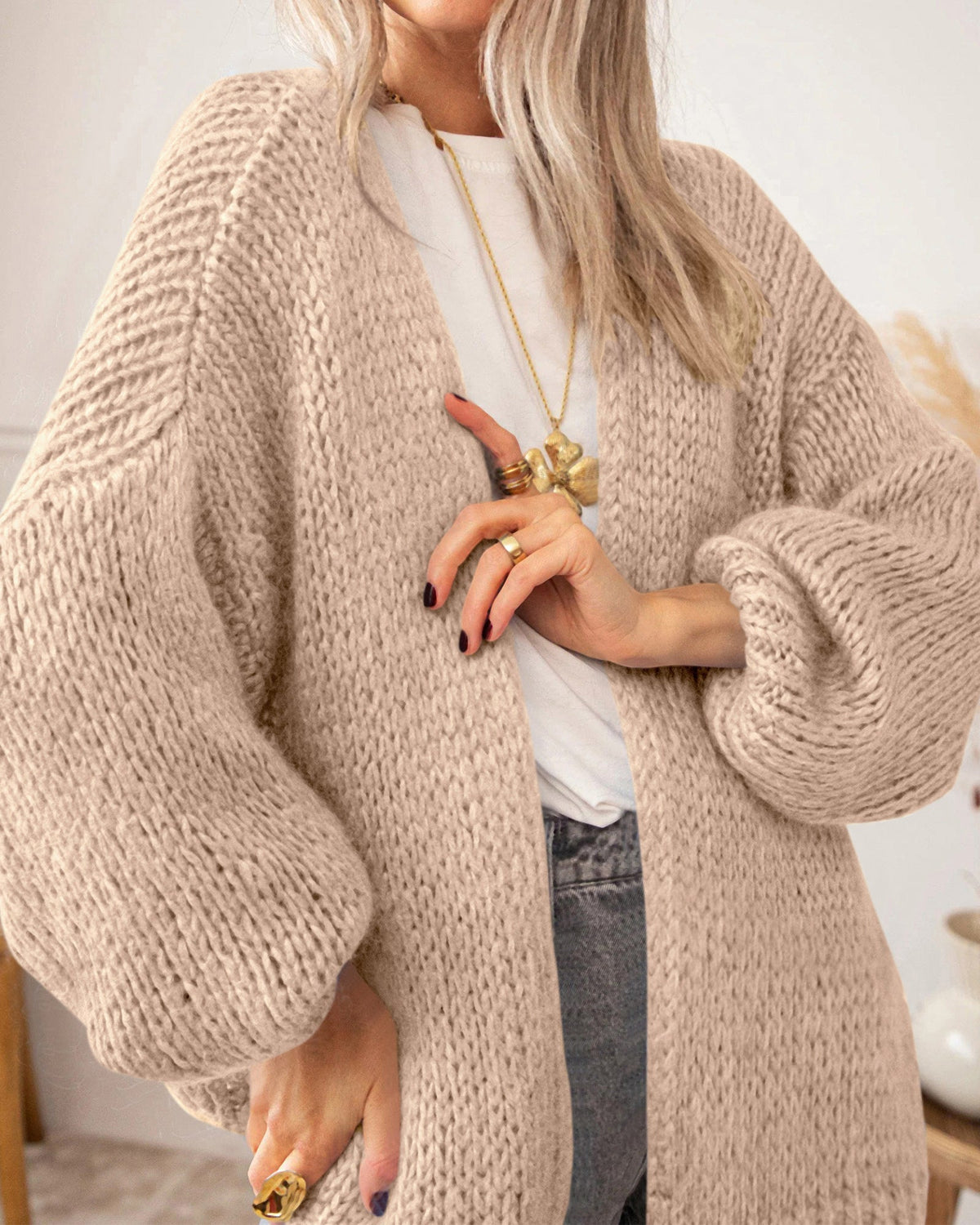 Women's Ribbed Knit Open-Front Long Sleeve Pocketed Cardigan – Khaki