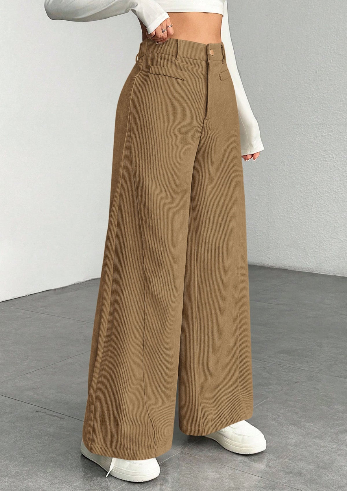 Women's Corduroy Pocketed Textured Workwear Wide-Leg Trousers – Khaki