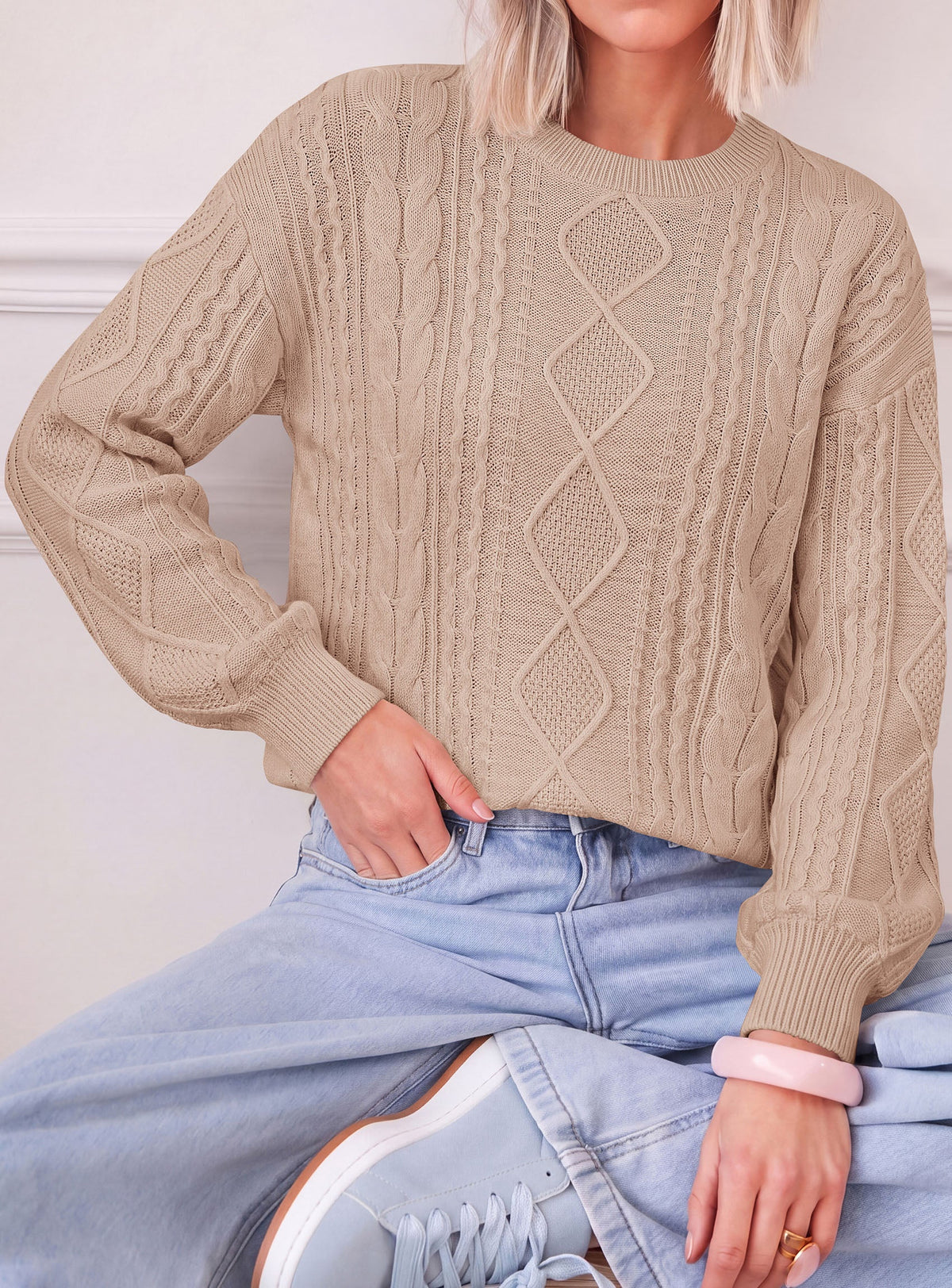 Women's Cable Knit Crew Neck Relaxed-Fit Warm Sweater – Khaki