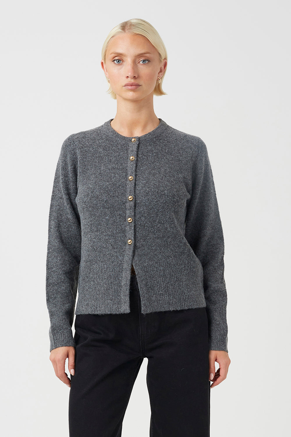 Women's Knit Crew Neck Side-Slit Sweater – Charcoal