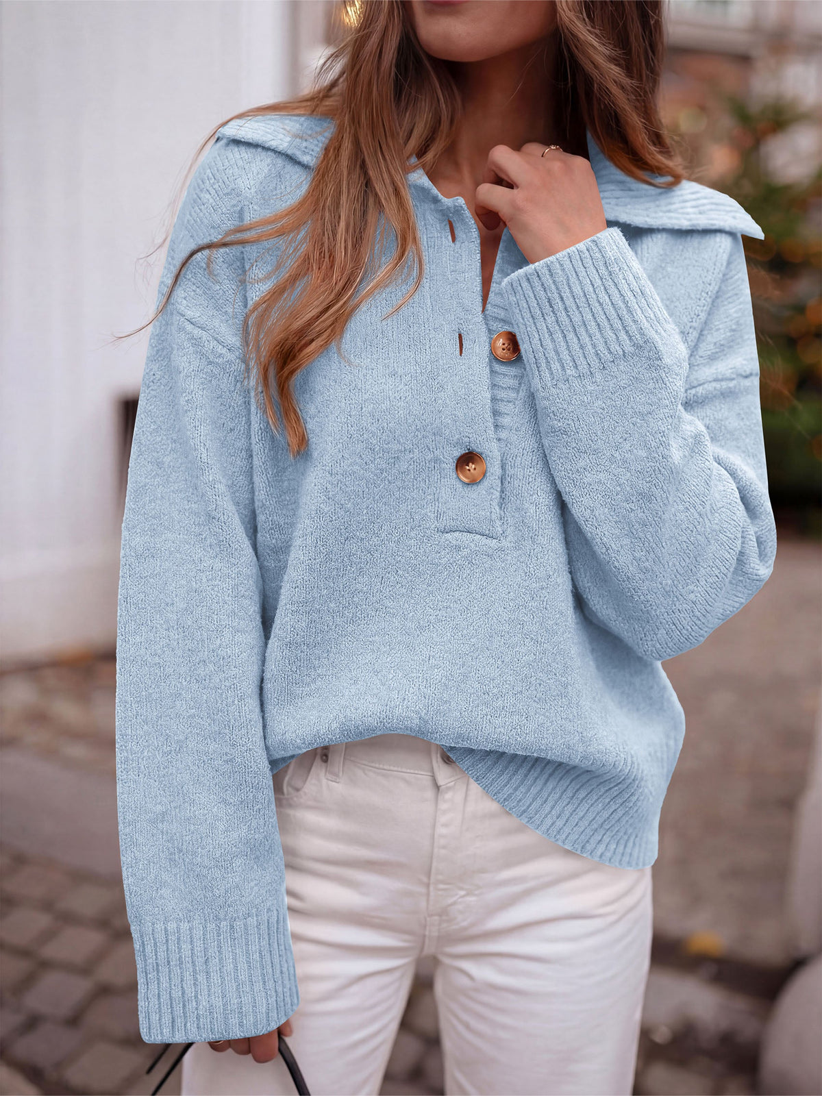 Women's Ribbed Knit Button-Up V-Neck Casual Knit Polo Sweater – Light Blue