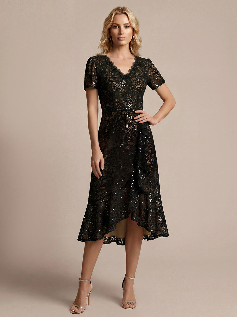 Women's Sequin Lace High-Low Midi Dress – Black