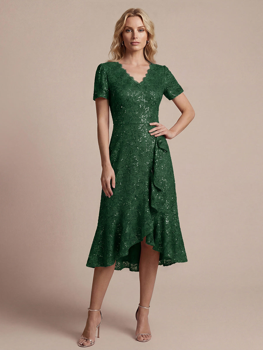 Women's Sequin Lace High-Low Midi Dress – Dark Green