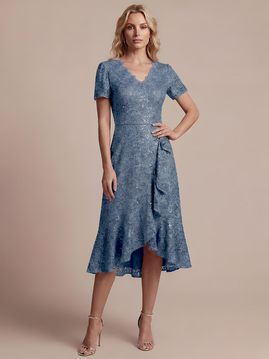 Women's Sequin Lace High-Low Midi Dress – Dusty Blue