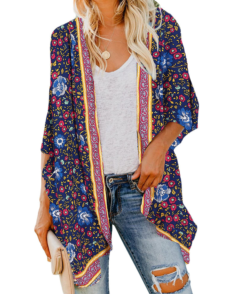 Women's Soft Drape Batwing Floral Cardigan – Navy Blue Floral