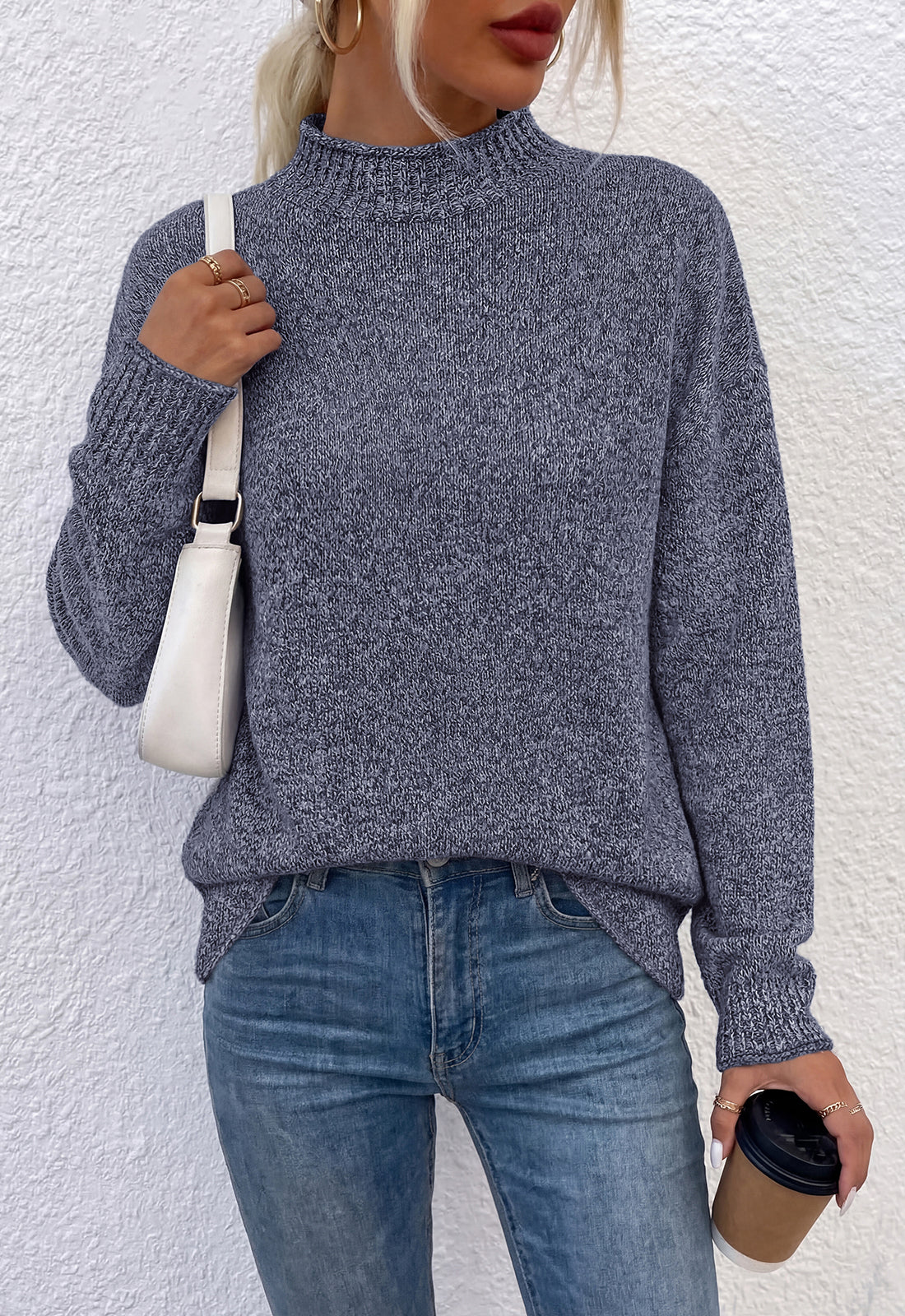 Women's Ribbed Knit Mock Neck Relaxed-Fit Casual Sweater – Navy Blue
