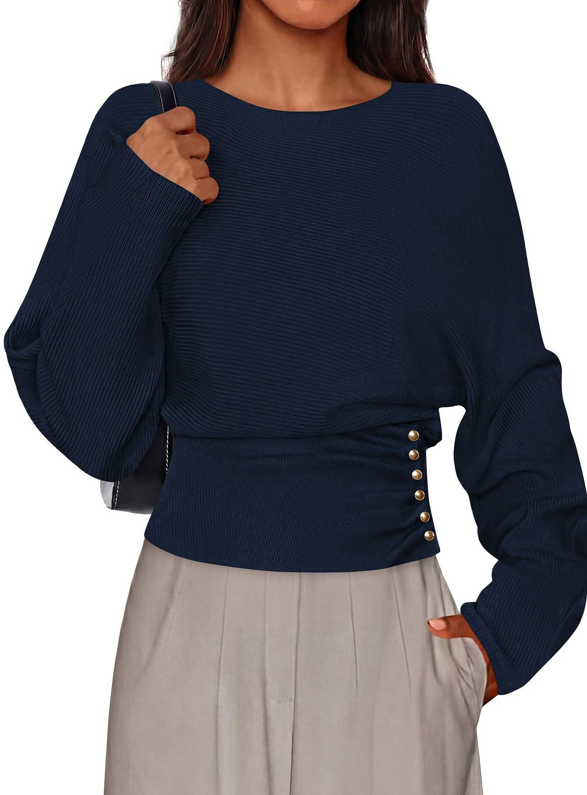 Women's Ribbed Knit Batwing Business Workwear Sweater – Navy
