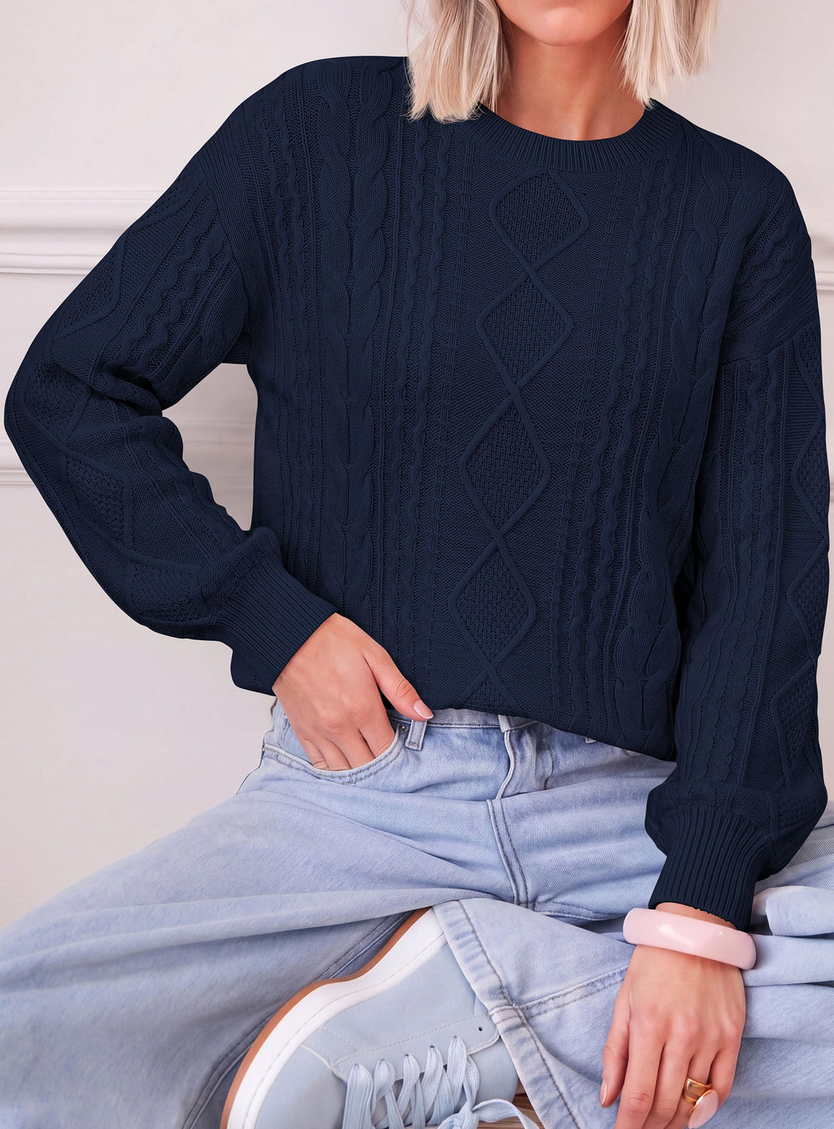Women's Cable Knit Crew Neck Relaxed-Fit Warm Sweater – Navy