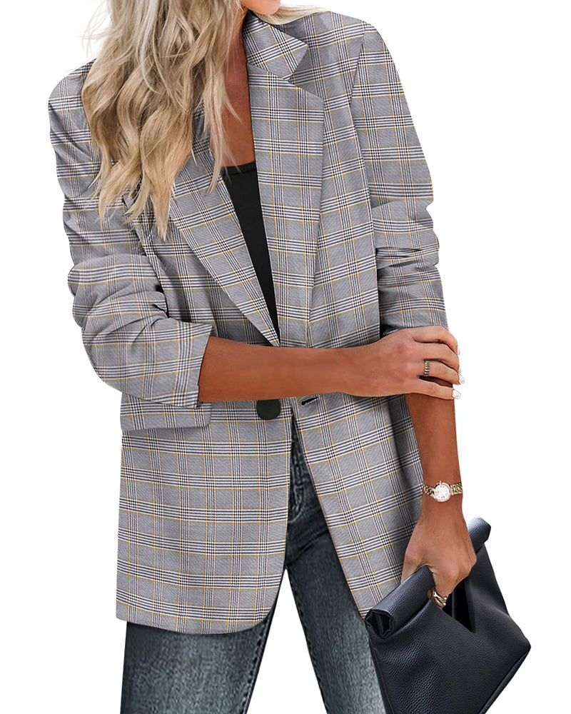 Women's Open-Front Workwear Office Blazer – Khaki Plaid