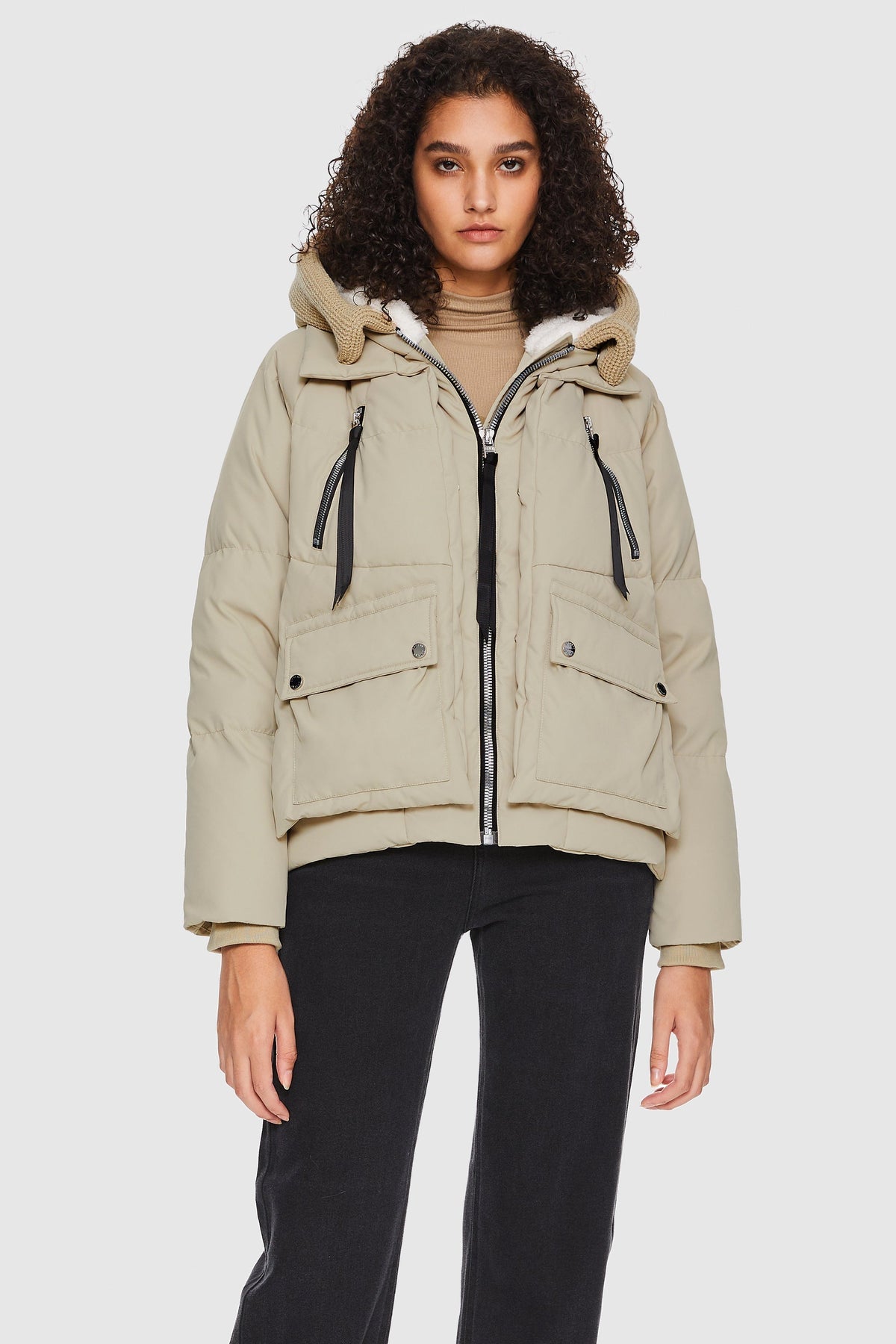 Women's Knit Hooded Puffer Coat – Almond Milk