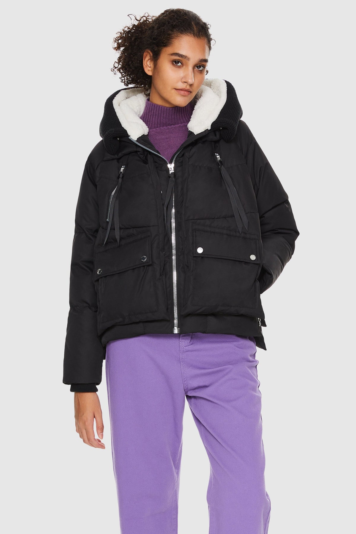 Women's Knit Hooded Puffer Coat – Black