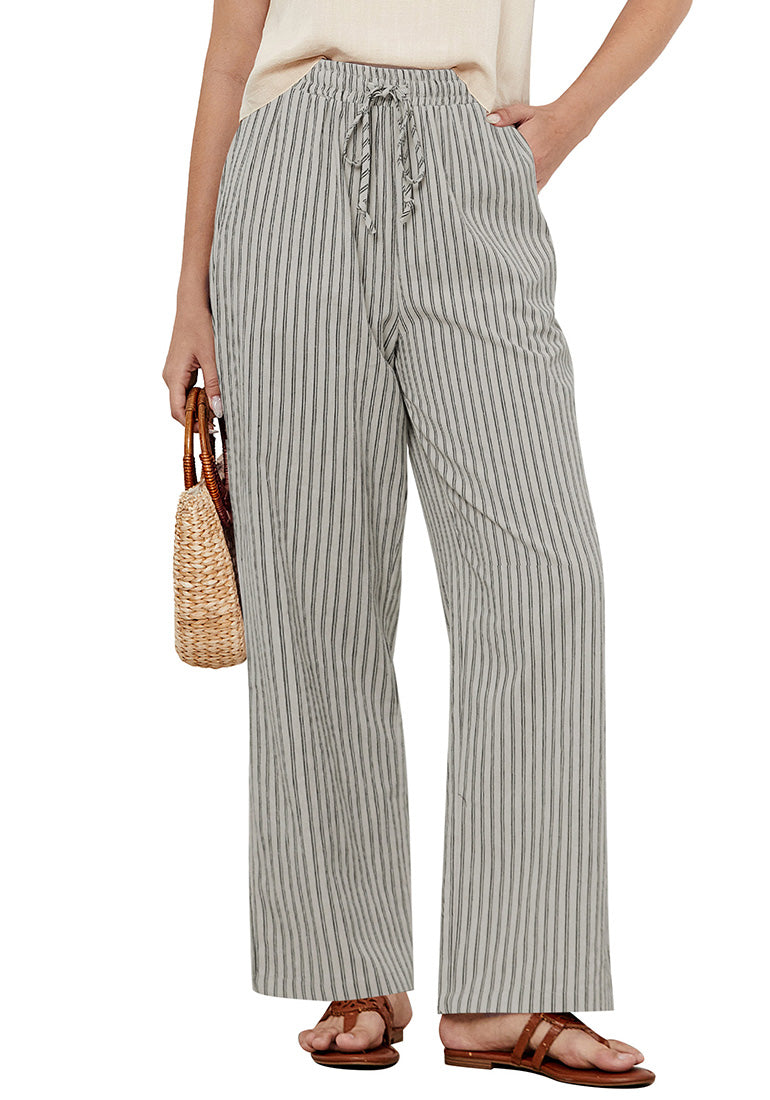 Women's Linen Blend High-Waist Striped Wide-Leg Trousers – Khaki Black Stripe