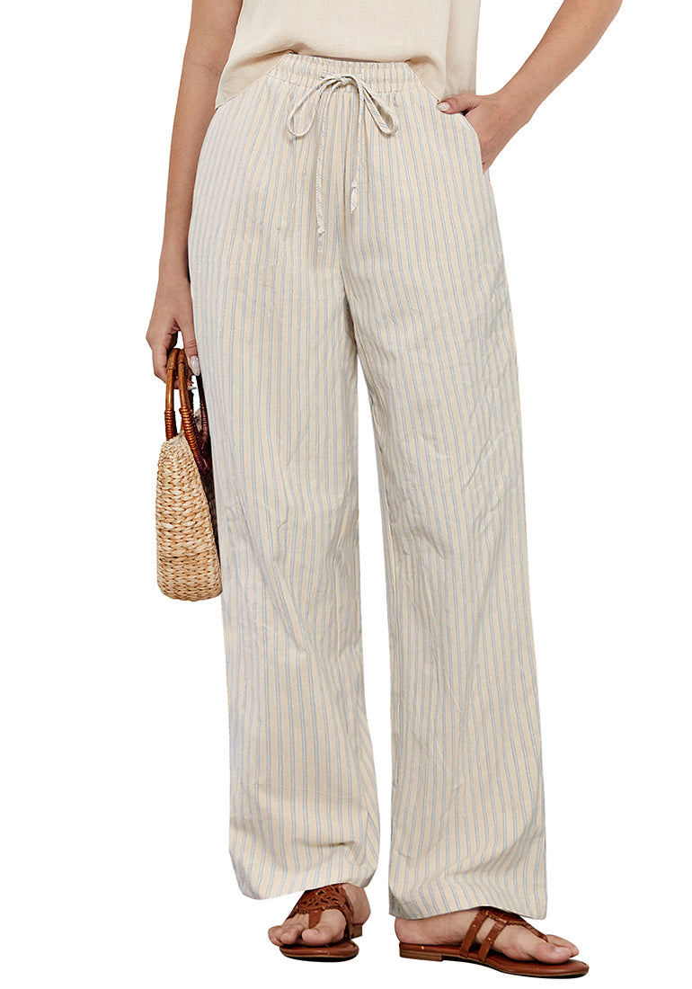 Women's Linen Blend High-Waist Striped Wide-Leg Trousers – Beige Blue Stripe