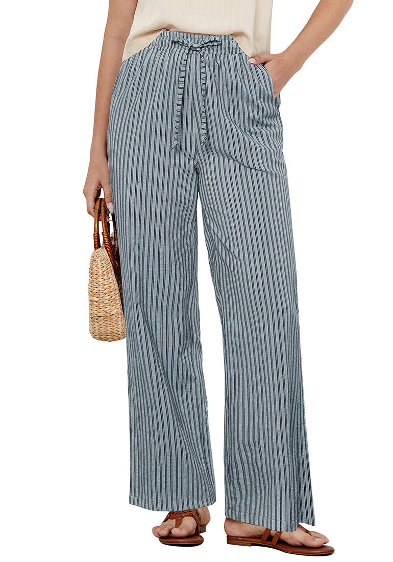 Women's Linen Blend High-Waist Striped Wide-Leg Trousers – Light Blue Stripe