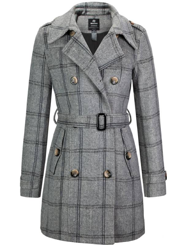 Women's Double-Breasted Pea Trench Coat – Plaid